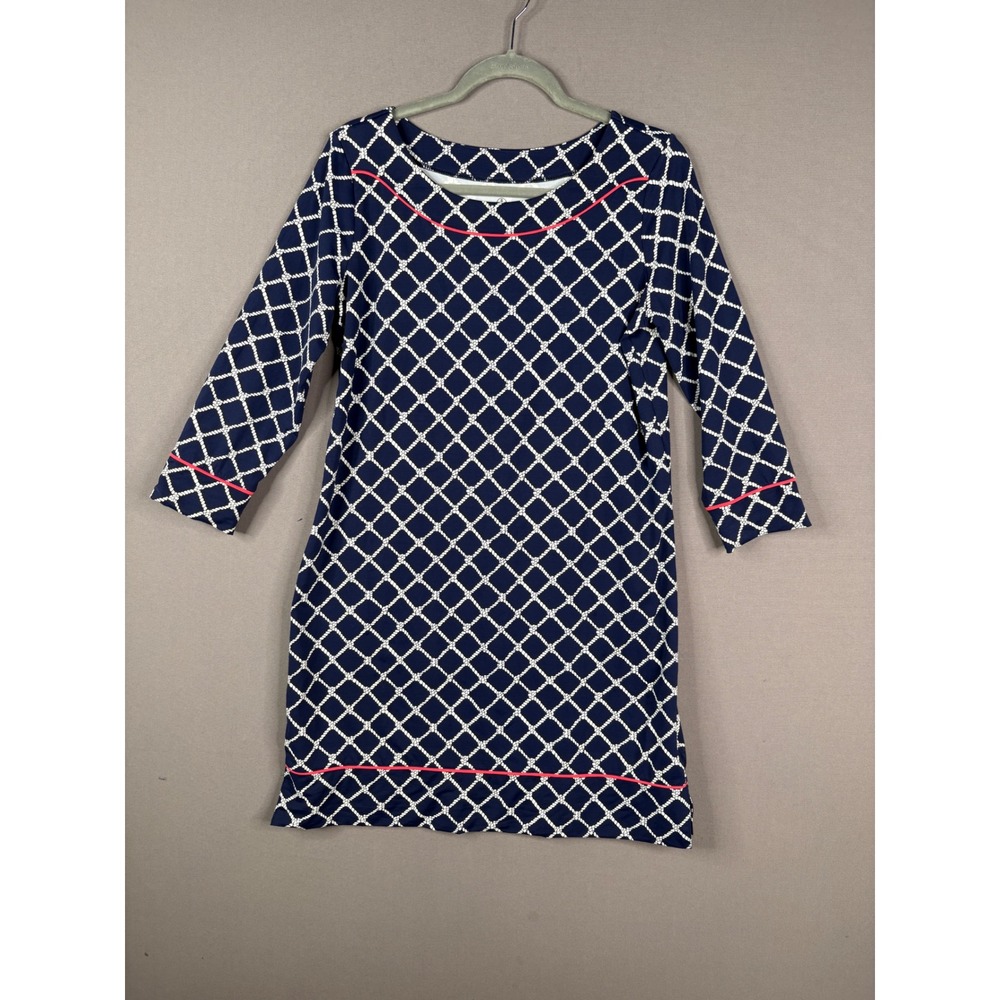 Lands' End Swim Cover Up Dress Women M Navy Blue Rope Print 3/4 Sleeve Shift